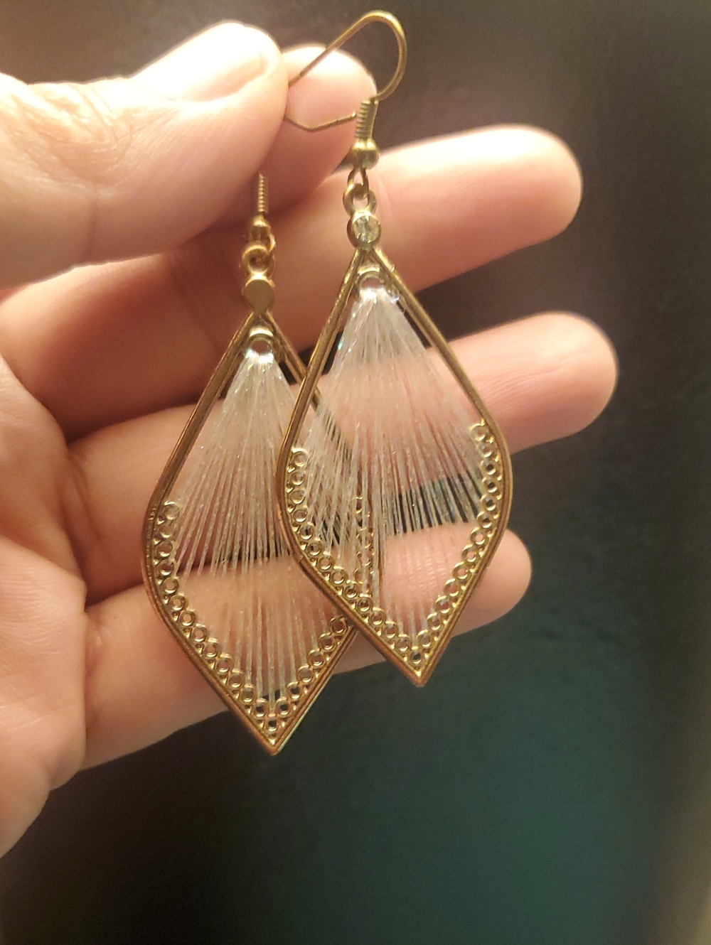 Source Unknown Gold-Tone Teardrop Earrings with Pale Pink Thread